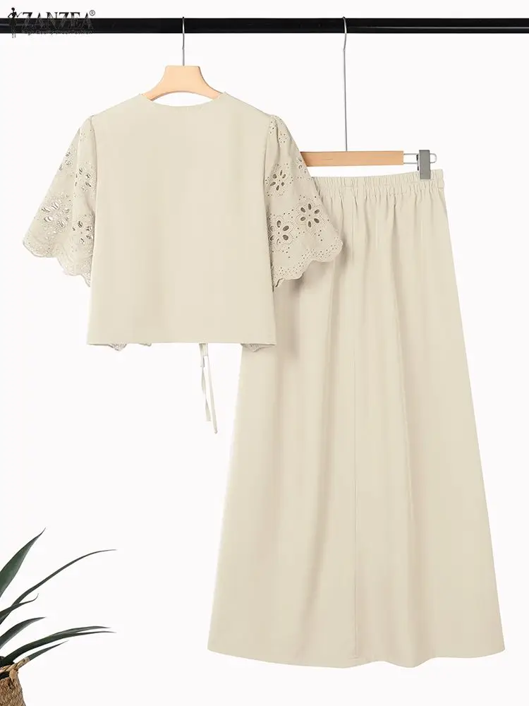 ZANZEA Women Casual 2 Pieces Skirt Sets Openwork Embroidered Tied Front Tops and Solid Color Long Skirts Suits Bohemian Outfits