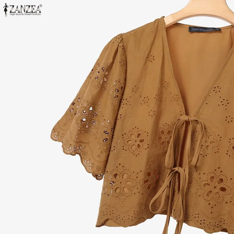 ZANZEA Women Casual 2 Pieces Skirt Sets Openwork Embroidered Tied Front Tops and Solid Color Long Skirts Suits Bohemian Outfits