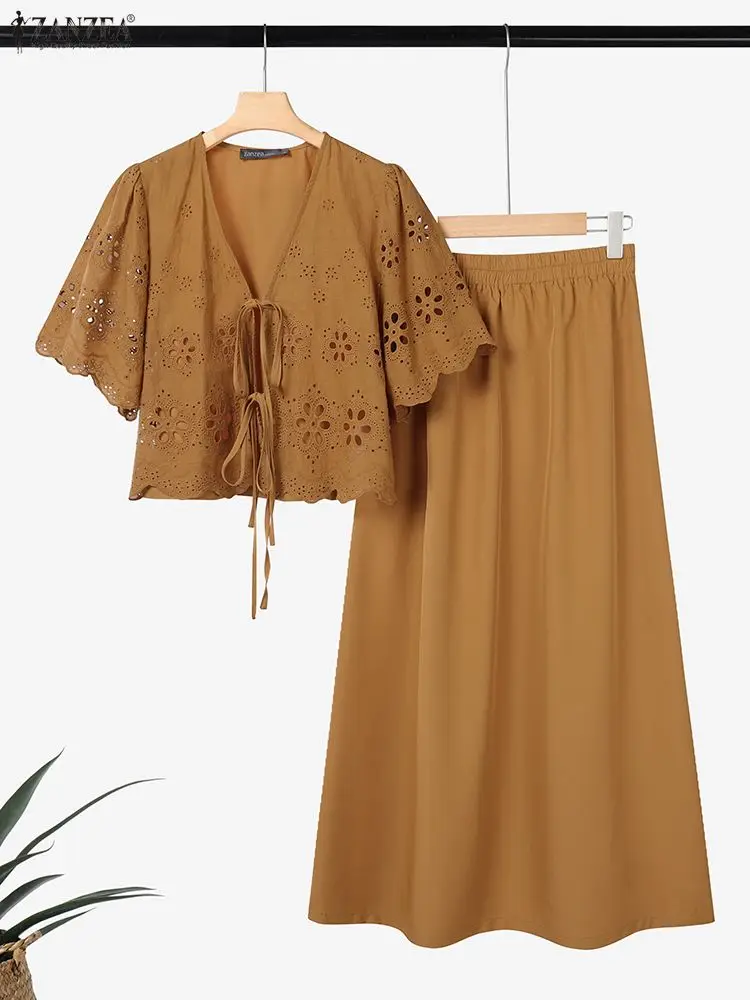 ZANZEA Women Casual 2 Pieces Skirt Sets Openwork Embroidered Tied Front Tops and Solid Color Long Skirts Suits Bohemian Outfits