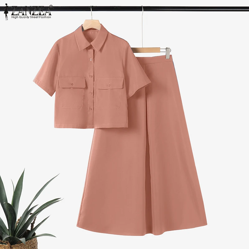 ZANZEA Casual Elegant 2-Pieces Suits Summer Commute Short Sleeve Shirts Women Dress Sets Solid A-line Long Skirts 2PCS Outfits