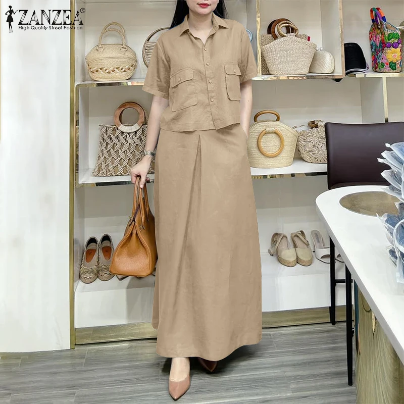 ZANZEA Casual Elegant 2-Pieces Suits Summer Commute Short Sleeve Shirts Women Dress Sets Solid A-line Long Skirts 2PCS Outfits