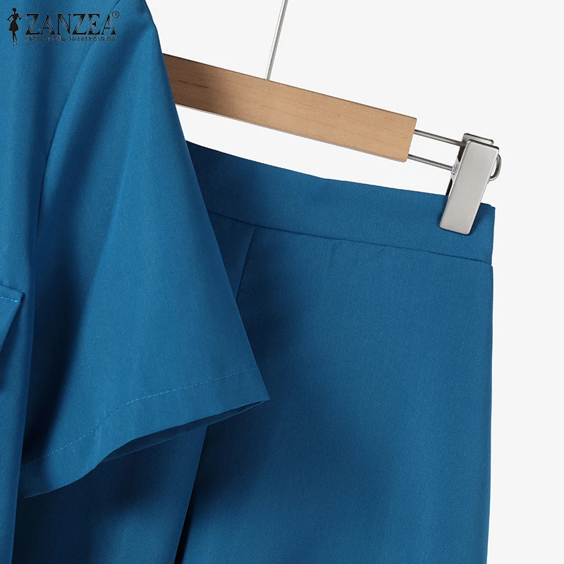 ZANZEA Casual Elegant 2-Pieces Suits Summer Commute Short Sleeve Shirts Women Dress Sets Solid A-line Long Skirts 2PCS Outfits
