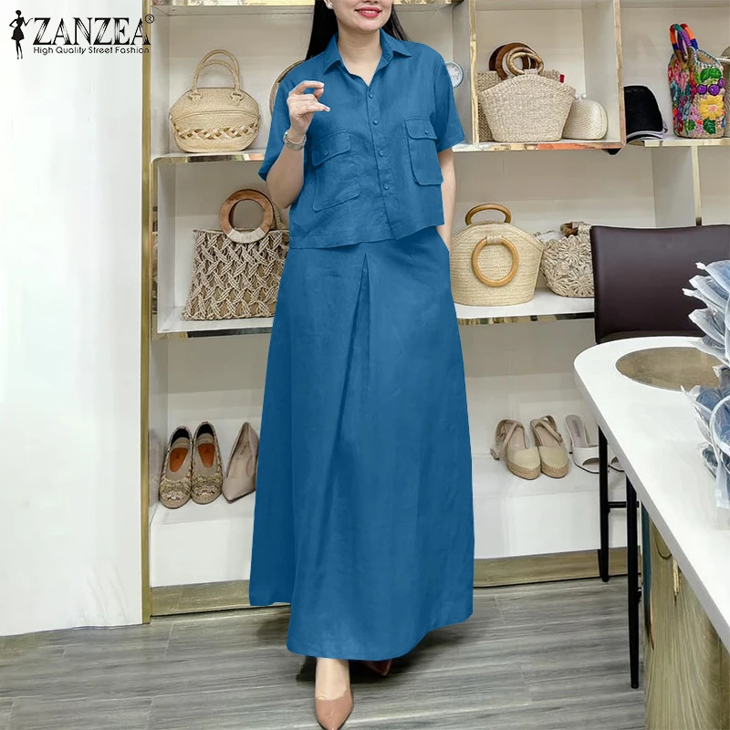 ZANZEA Casual Elegant 2-Pieces Suits Summer Commute Short Sleeve Shirts Women Dress Sets Solid A-line Long Skirts 2PCS Outfits