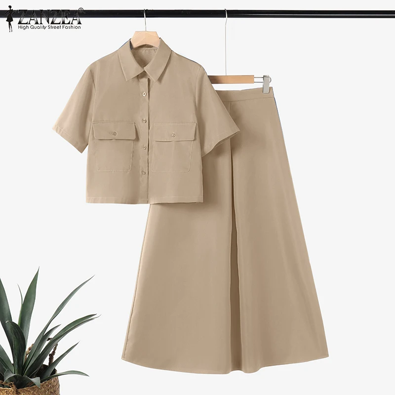 ZANZEA Casual Elegant 2-Pieces Suits Summer Commute Short Sleeve Shirts Women Dress Sets Solid A-line Long Skirts 2PCS Outfits