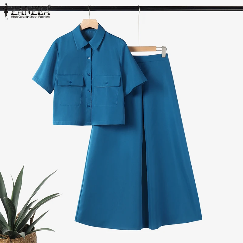 ZANZEA Casual Elegant 2-Pieces Suits Summer Commute Short Sleeve Shirts Women Dress Sets Solid A-line Long Skirts 2PCS Outfits