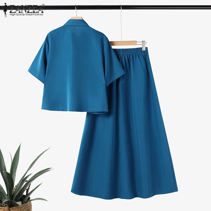 ZANZEA Casual Elegant 2-Pieces Suits Summer Commute Short Sleeve Shirts Women Dress Sets Solid A-line Long Skirts 2PCS Outfits