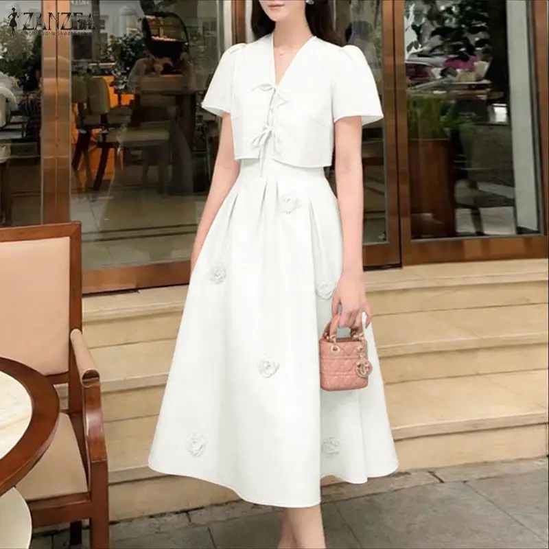 Womens French 2 Piece Sets 3D Flower Spaghetti Strap Midi Dress & Tie-front Short Cardigan Outfits Elegant Pink Party Dress Sets