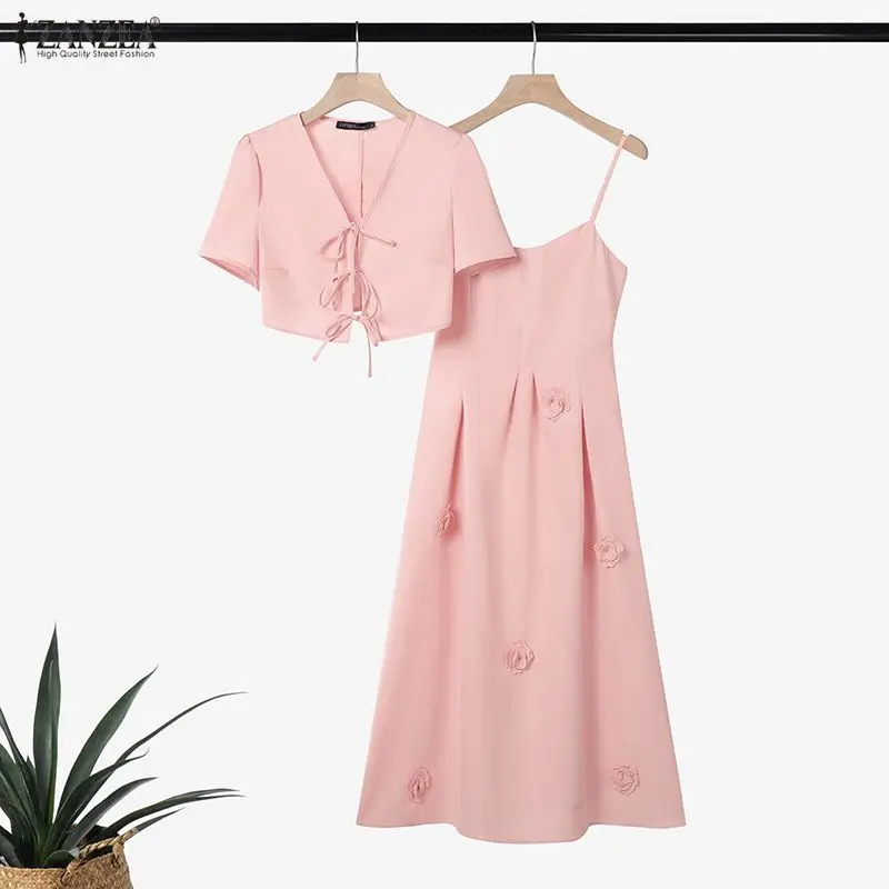 Womens French 2 Piece Sets 3D Flower Spaghetti Strap Midi Dress & Tie-front Short Cardigan Outfits Elegant Pink Party Dress Sets