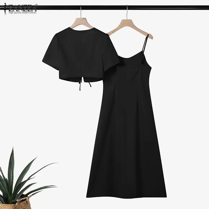 Womens French 2 Piece Sets 3D Flower Spaghetti Strap Midi Dress & Tie-front Short Cardigan Outfits Elegant Pink Party Dress Sets