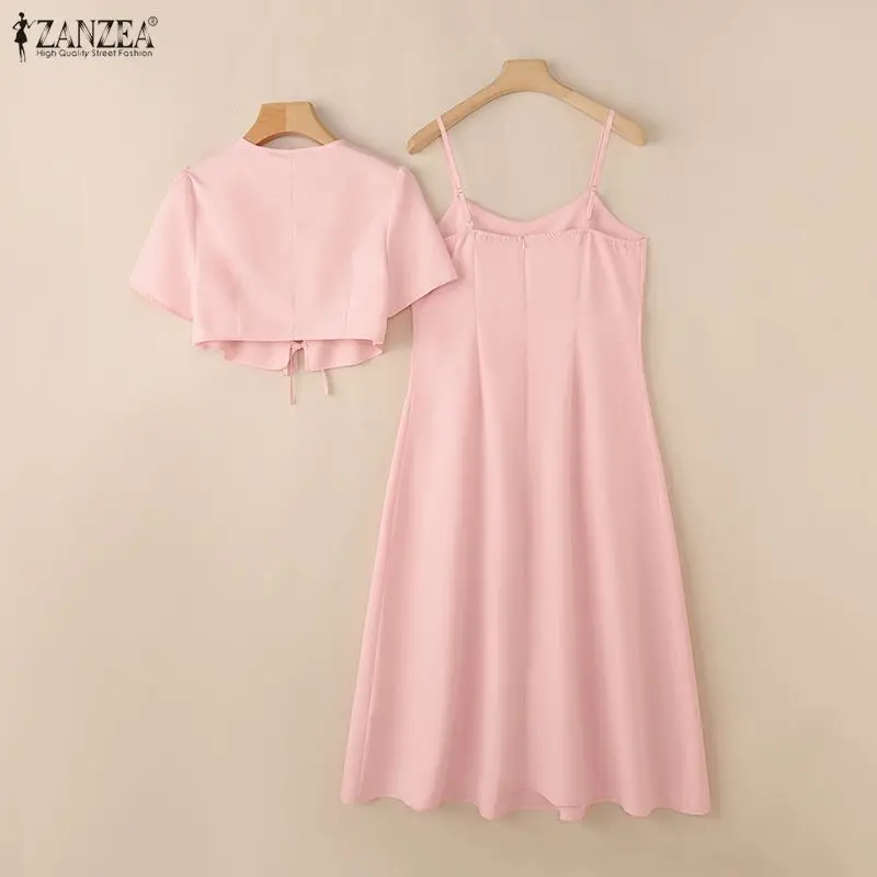 Womens French 2 Piece Sets 3D Flower Spaghetti Strap Midi Dress & Tie-front Short Cardigan Outfits Elegant Pink Party Dress Sets