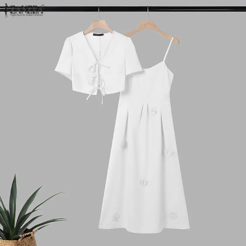 Womens French 2 Piece Sets 3D Flower Spaghetti Strap Midi Dress & Tie-front Short Cardigan Outfits Elegant Pink Party Dress Sets