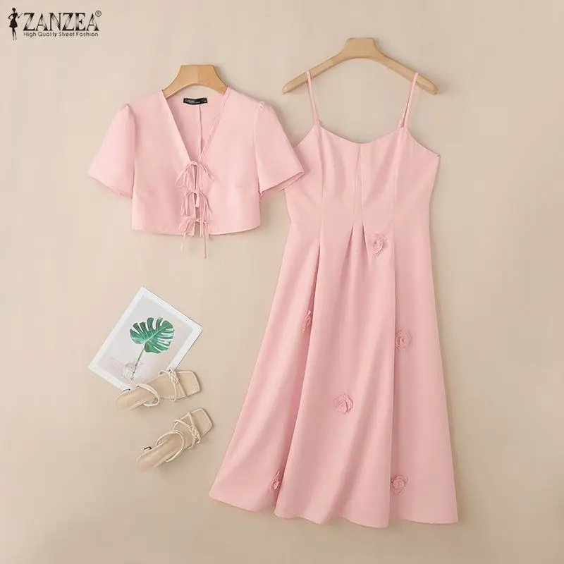 Womens French 2 Piece Sets 3D Flower Spaghetti Strap Midi Dress & Tie-front Short Cardigan Outfits Elegant Pink Party Dress Sets