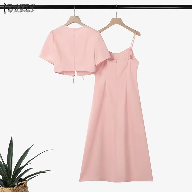 Womens French 2 Piece Sets 3D Flower Spaghetti Strap Midi Dress & Tie-front Short Cardigan Outfits Elegant Pink Party Dress Sets