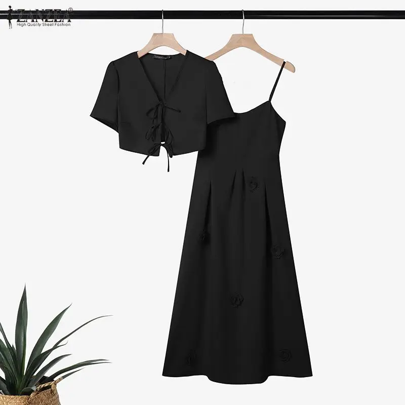 Womens French 2 Piece Sets 3D Flower Spaghetti Strap Midi Dress & Tie-front Short Cardigan Outfits Elegant Pink Party Dress Sets