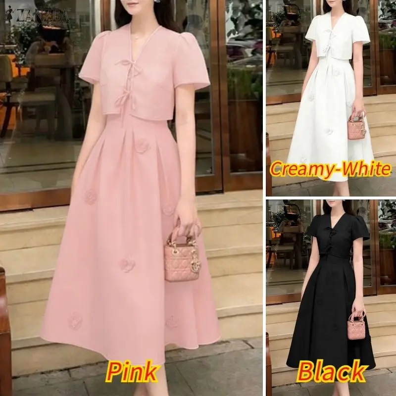 Womens French 2 Piece Sets 3D Flower Spaghetti Strap Midi Dress & Tie-front Short Cardigan Outfits Elegant Pink Party Dress Sets