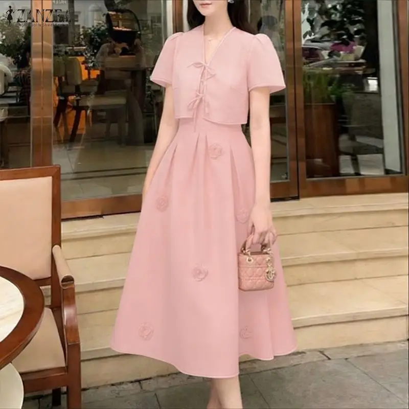 Womens French 2 Piece Sets 3D Flower Spaghetti Strap Midi Dress & Tie-front Short Cardigan Outfits Elegant Pink Party Dress Sets