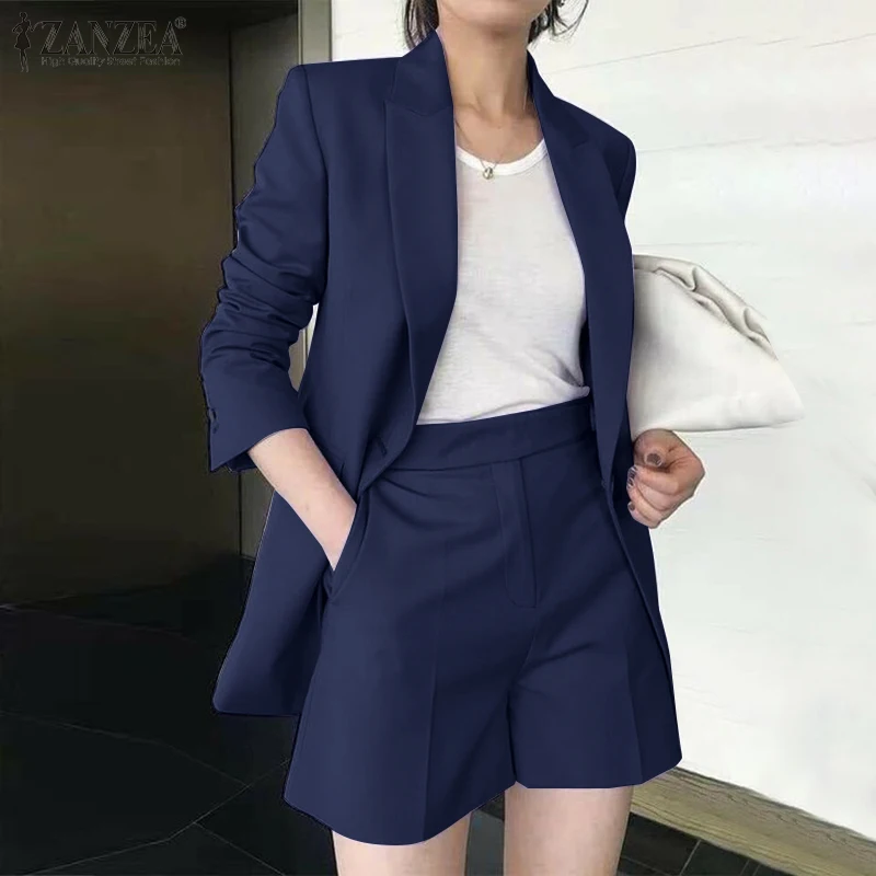 ZANZEA Autumn Pure Cotton Short Sets Long Sleeve Blazer And Short Pant Women Solid Work OL Tracksuits Fashion Elegant Suit 2023