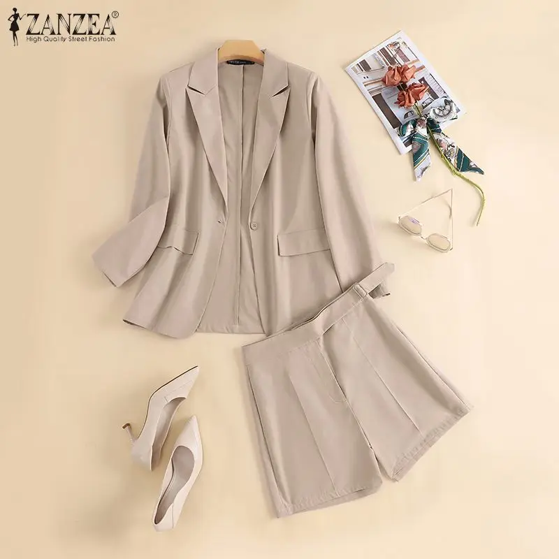 ZANZEA Autumn Pure Cotton Short Sets Long Sleeve Blazer And Short Pant Women Solid Work OL Tracksuits Fashion Elegant Suit 2023