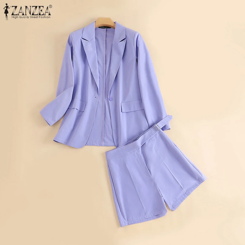 ZANZEA Autumn Pure Cotton Short Sets Long Sleeve Blazer And Short Pant Women Solid Work OL Tracksuits Fashion Elegant Suit 2023