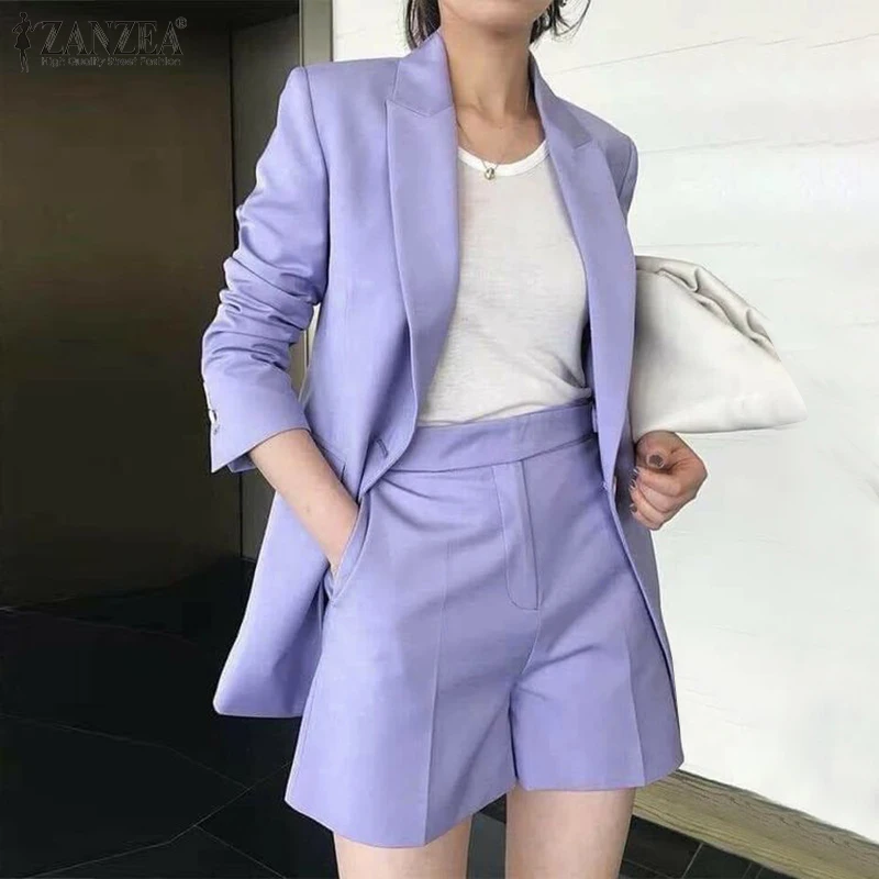 ZANZEA Autumn Pure Cotton Short Sets Long Sleeve Blazer And Short Pant Women Solid Work OL Tracksuits Fashion Elegant Suit 2023