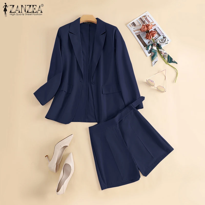 ZANZEA Autumn Pure Cotton Short Sets Long Sleeve Blazer And Short Pant Women Solid Work OL Tracksuits Fashion Elegant Suit 2023