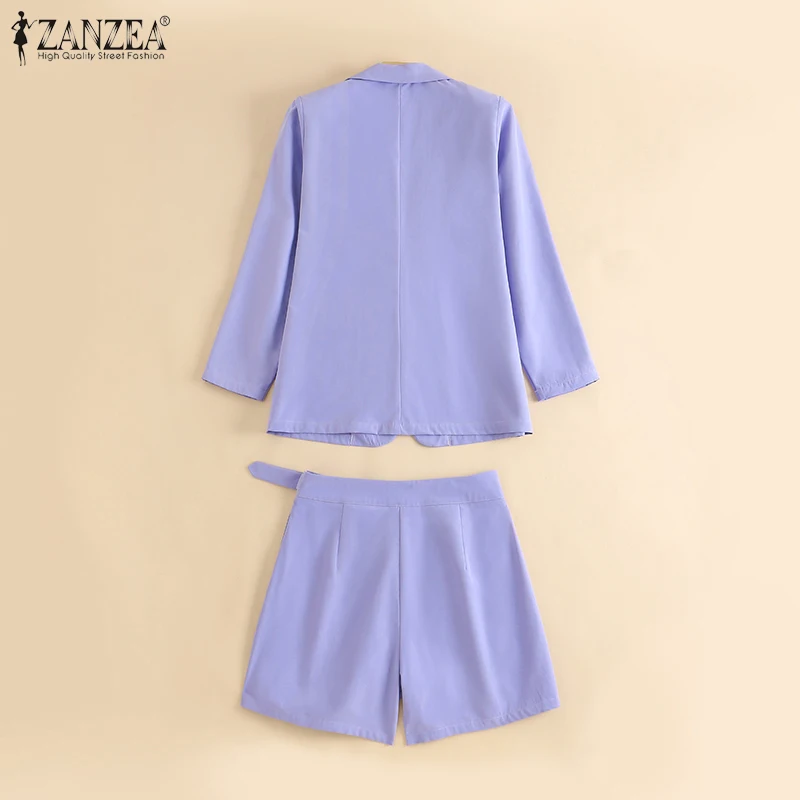 ZANZEA Autumn Pure Cotton Short Sets Long Sleeve Blazer And Short Pant Women Solid Work OL Tracksuits Fashion Elegant Suit 2023
