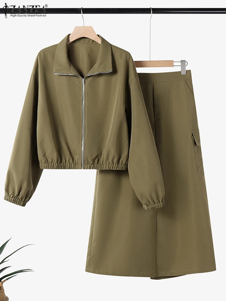 ZANZEA Street Fashion Women's Skirt Sets Long Sleeve Jackets Elastic Waist Long Skirts Work Wear Outfits Casual 2-Pieces Suits