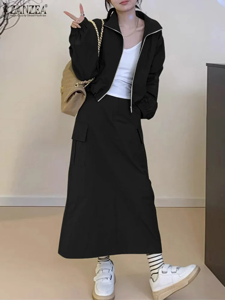 ZANZEA Street Fashion Women's Skirt Sets Long Sleeve Jackets Elastic Waist Long Skirts Work Wear Outfits Casual 2-Pieces Suits
