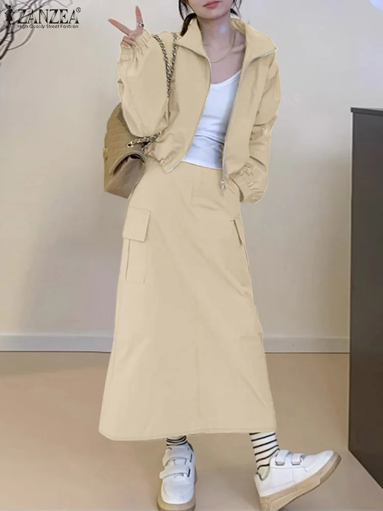 ZANZEA Street Fashion Women's Skirt Sets Long Sleeve Jackets Elastic Waist Long Skirts Work Wear Outfits Casual 2-Pieces Suits
