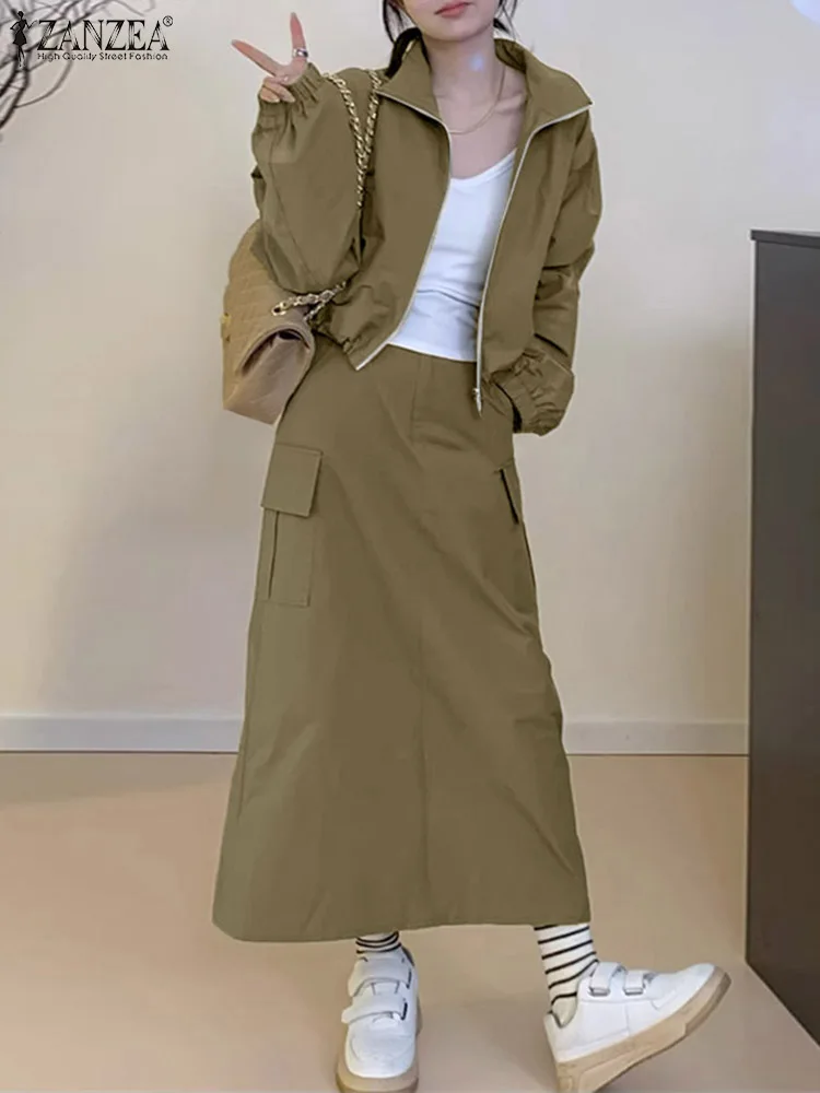 ZANZEA Street Fashion Women's Skirt Sets Long Sleeve Jackets Elastic Waist Long Skirts Work Wear Outfits Casual 2-Pieces Suits