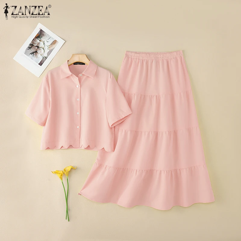 ZANZEA Stylish 2 Pieces Sets Women Half Sleeve Collared Shirts & Tiered Maxi Skirts 2pcs Suits Solid Color Casual Skirt Sets