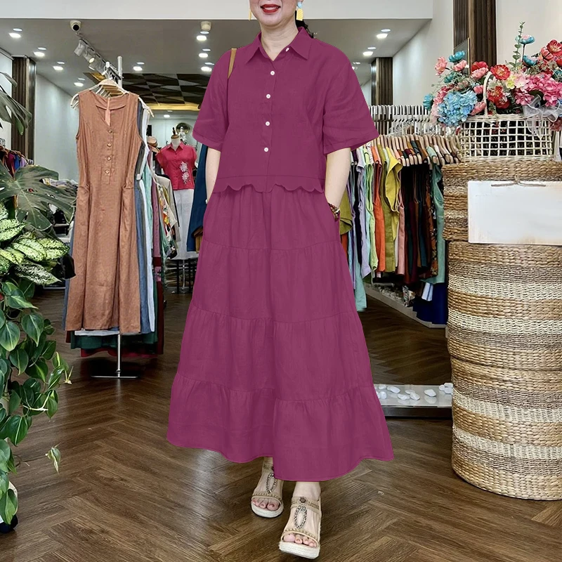ZANZEA Stylish 2 Pieces Sets Women Half Sleeve Collared Shirts & Tiered Maxi Skirts 2pcs Suits Solid Color Casual Skirt Sets