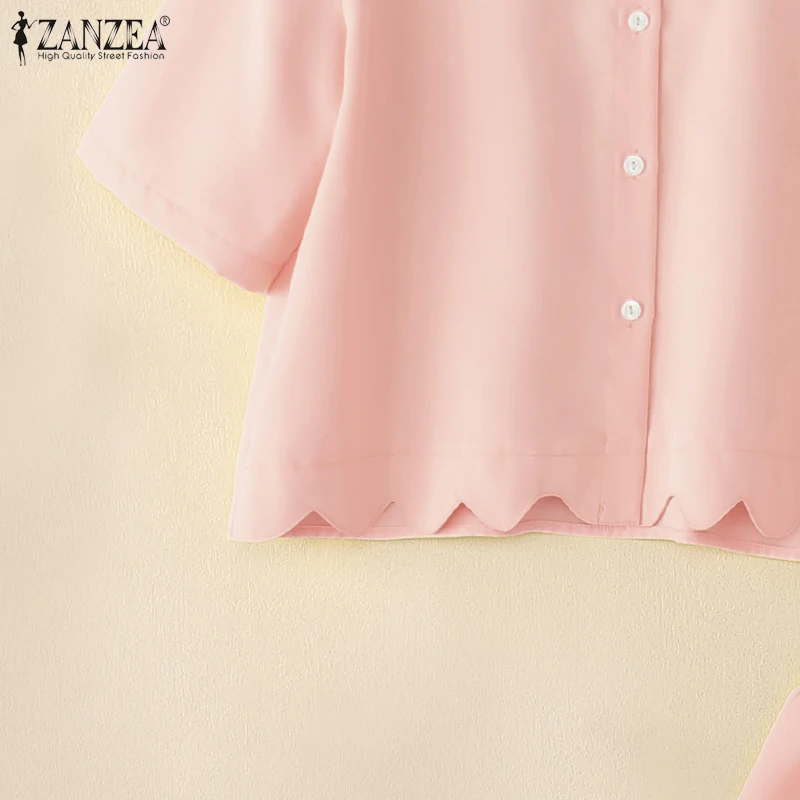 ZANZEA Stylish 2 Pieces Sets Women Half Sleeve Collared Shirts & Tiered Maxi Skirts 2pcs Suits Solid Color Casual Skirt Sets