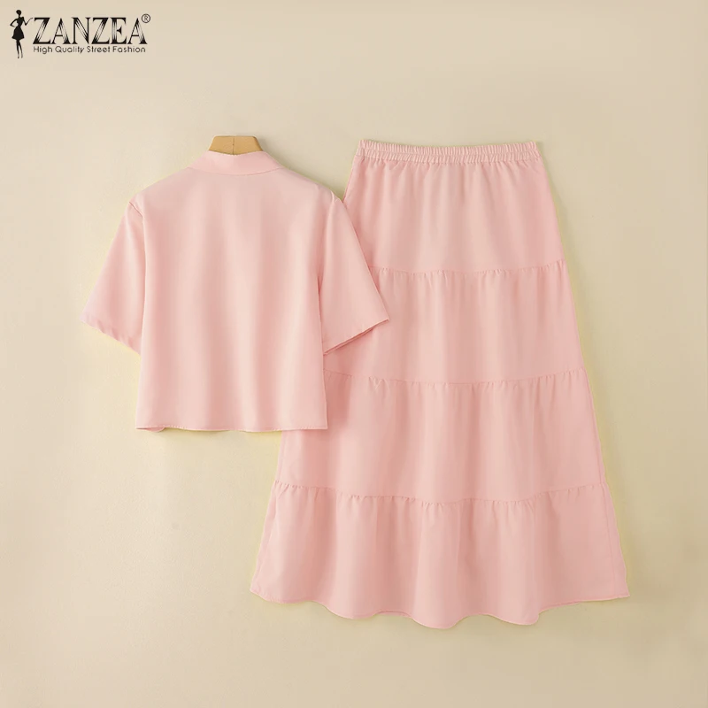 ZANZEA Stylish 2 Pieces Sets Women Half Sleeve Collared Shirts & Tiered Maxi Skirts 2pcs Suits Solid Color Casual Skirt Sets