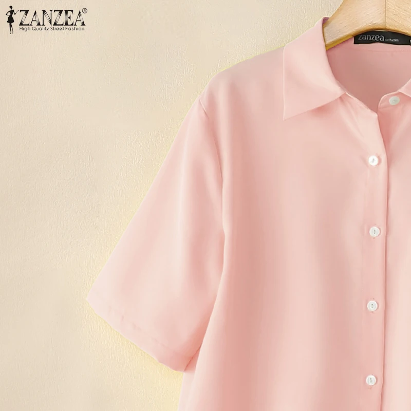 ZANZEA Stylish 2 Pieces Sets Women Half Sleeve Collared Shirts & Tiered Maxi Skirts 2pcs Suits Solid Color Casual Skirt Sets