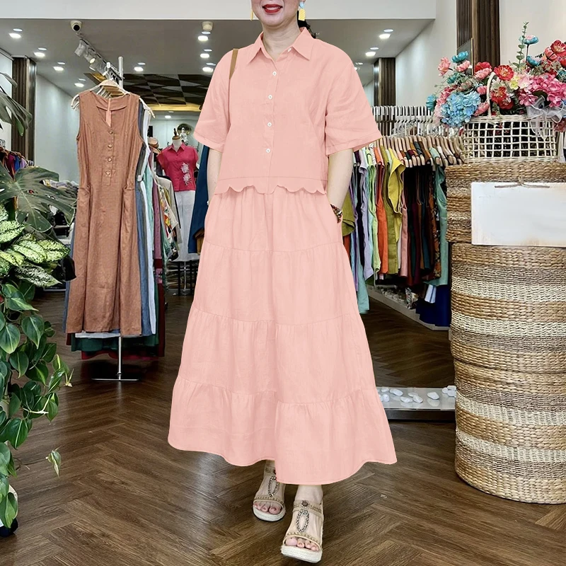 ZANZEA Stylish 2 Pieces Sets Women Half Sleeve Collared Shirts & Tiered Maxi Skirts 2pcs Suits Solid Color Casual Skirt Sets