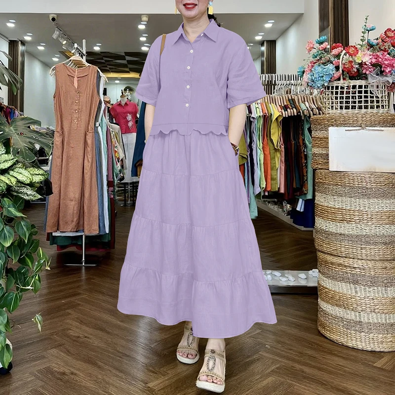ZANZEA Stylish 2 Pieces Sets Women Half Sleeve Collared Shirts & Tiered Maxi Skirts 2pcs Suits Solid Color Casual Skirt Sets