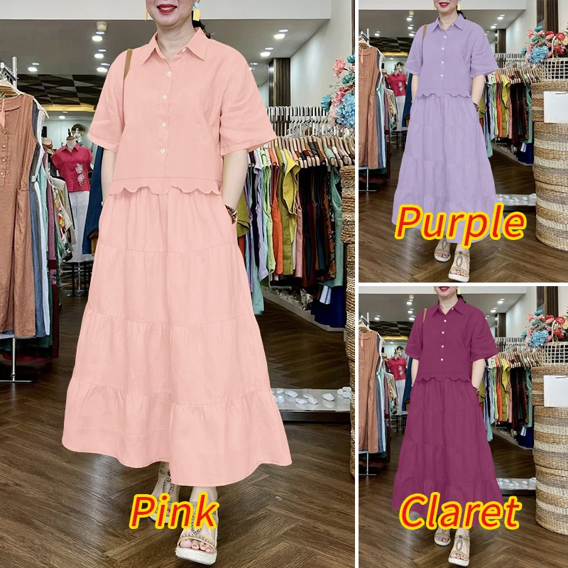 ZANZEA Stylish 2 Pieces Sets Women Half Sleeve Collared Shirts & Tiered Maxi Skirts 2pcs Suits Solid Color Casual Skirt Sets