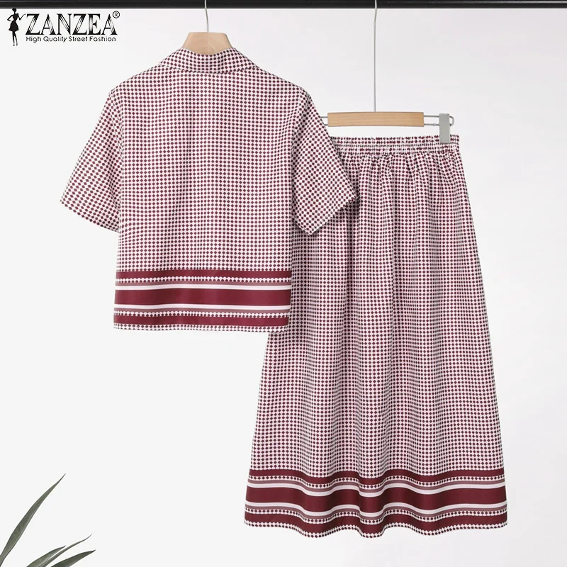 ZANZEA Women Elegant 2 Pieces Sets Gingham Color-Blocked Short Sleeve Shirts & A-Line Midi Skirts 2pcs Suits Stylish Skirt Sets