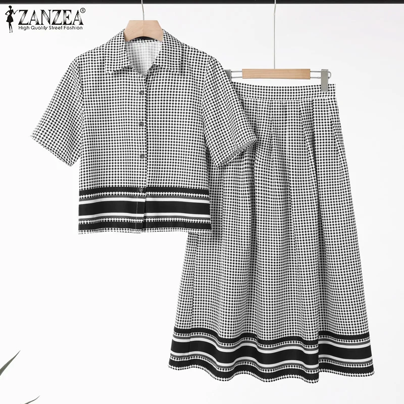 ZANZEA Women Elegant 2 Pieces Sets Gingham Color-Blocked Short Sleeve Shirts & A-Line Midi Skirts 2pcs Suits Stylish Skirt Sets