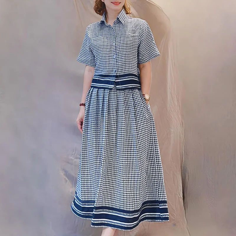 ZANZEA Women Elegant 2 Pieces Sets Gingham Color-Blocked Short Sleeve Shirts & A-Line Midi Skirts 2pcs Suits Stylish Skirt Sets