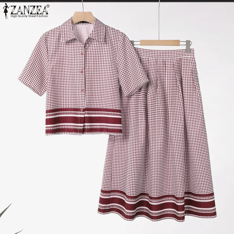 ZANZEA Women Elegant 2 Pieces Sets Gingham Color-Blocked Short Sleeve Shirts & A-Line Midi Skirts 2pcs Suits Stylish Skirt Sets