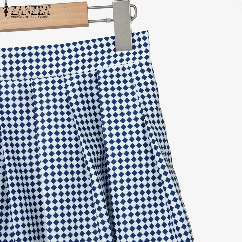 ZANZEA Women Elegant 2 Pieces Sets Gingham Color-Blocked Short Sleeve Shirts & A-Line Midi Skirts 2pcs Suits Stylish Skirt Sets