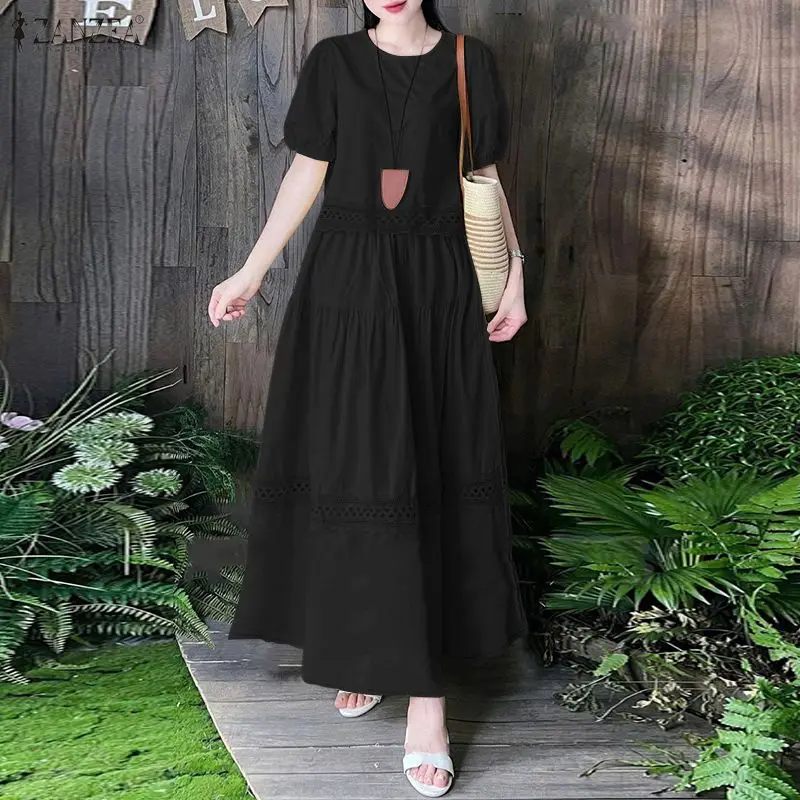 ZANZEA Women's Lace Paneled Skirt Suits Summer Puff Sleeve Crop Tops & A-Line Maxi Skirts 2 Pieces Sets Vacation Casual Outfits