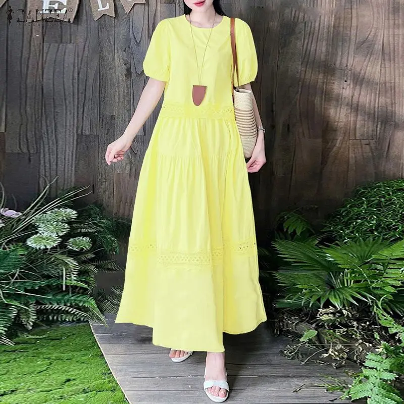 ZANZEA Women's Lace Paneled Skirt Suits Summer Puff Sleeve Crop Tops & A-Line Maxi Skirts 2 Pieces Sets Vacation Casual Outfits