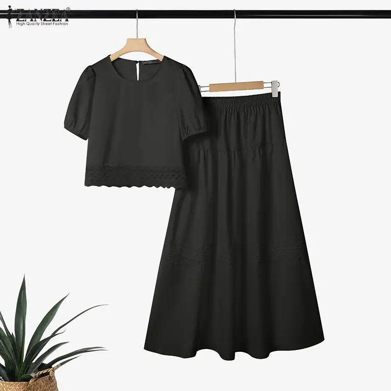 ZANZEA Women's Lace Paneled Skirt Suits Summer Puff Sleeve Crop Tops & A-Line Maxi Skirts 2 Pieces Sets Vacation Casual Outfits