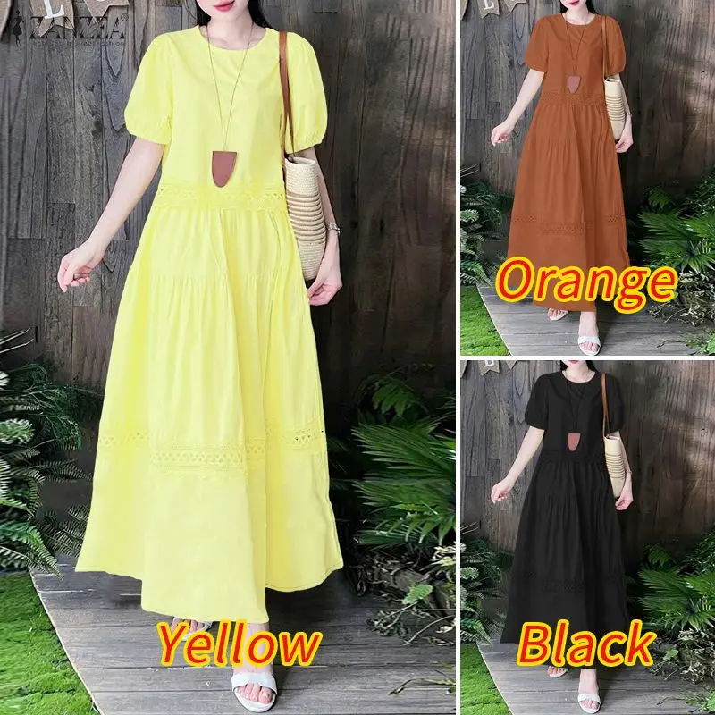 ZANZEA Women's Lace Paneled Skirt Suits Summer Puff Sleeve Crop Tops & A-Line Maxi Skirts 2 Pieces Sets Vacation Casual Outfits