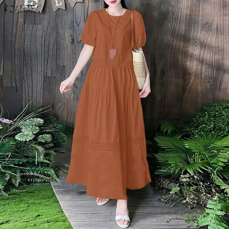 ZANZEA Women's Lace Paneled Skirt Suits Summer Puff Sleeve Crop Tops & A-Line Maxi Skirts 2 Pieces Sets Vacation Casual Outfits