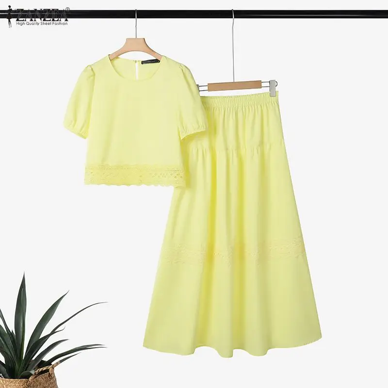 ZANZEA Women's Lace Paneled Skirt Suits Summer Puff Sleeve Crop Tops & A-Line Maxi Skirts 2 Pieces Sets Vacation Casual Outfits