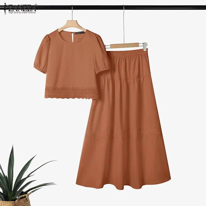 ZANZEA Women's Lace Paneled Skirt Suits Summer Puff Sleeve Crop Tops & A-Line Maxi Skirts 2 Pieces Sets Vacation Casual Outfits